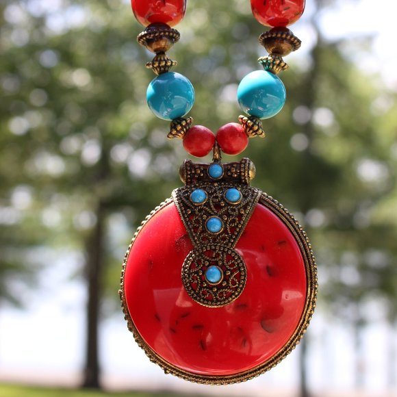 Big Red Tribal Cultural Statement Necklace - Picture 1 of 15